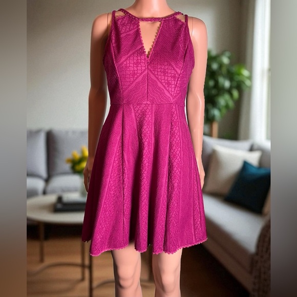 Free People Dresses & Skirts - Free People Miss Connections Magenta Lace Textured Skater Mini Dress Size 4